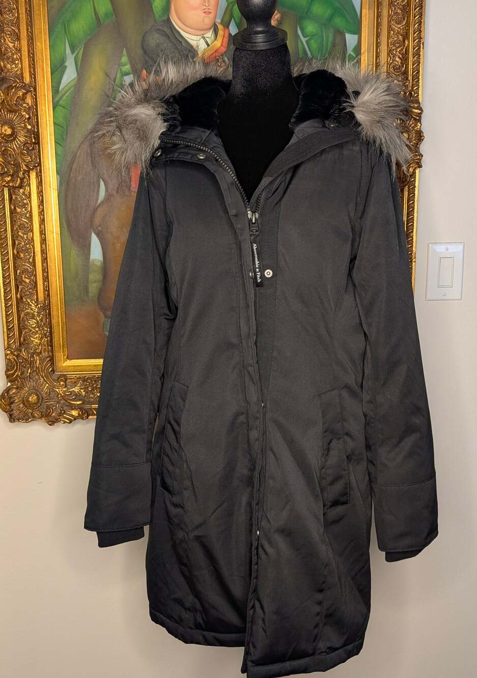 Abercrombie & Fitch Black Ultra Parka Coat Womens Large L Faux Fur Hooded Winter